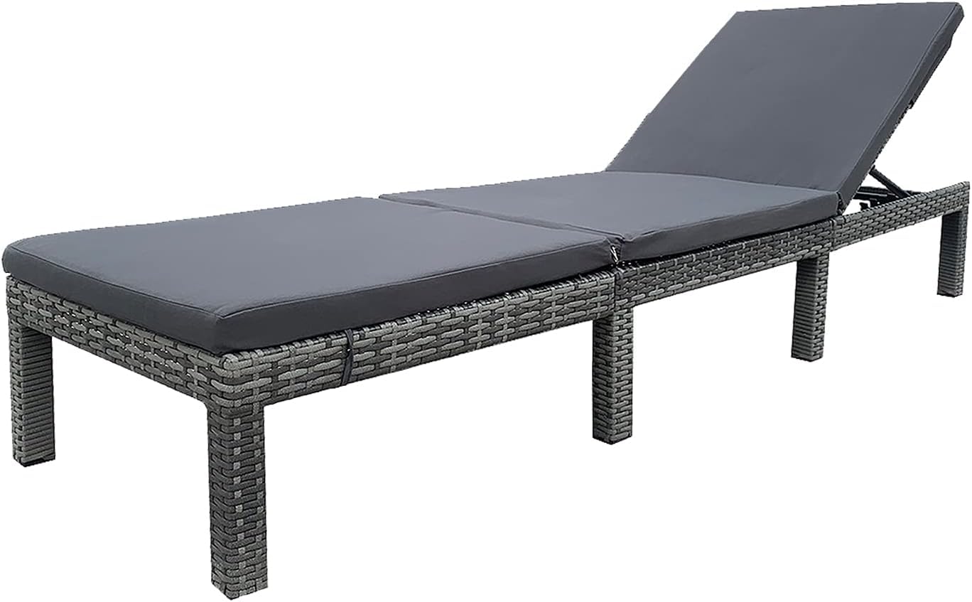 DANIEL JAMES Housewares Rattan Sun Lounger - Reclining Day Bed Chair with 5-Level Adjustable Backrest & Cushions - Rattan Garden Furniture Recliner for Outdoor, Patio, Balcony & Decking – Grey