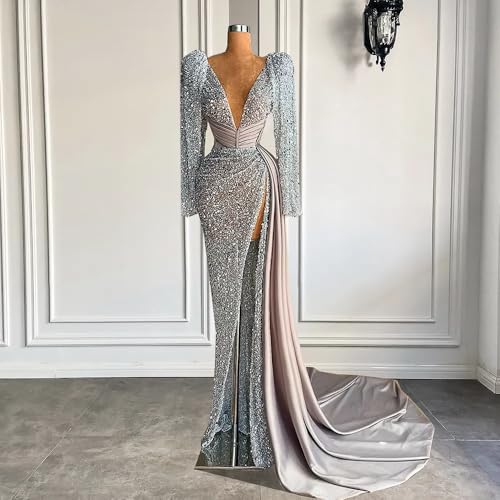 Long Sleeves Sparkly Sequins Prom Dress Women's Deep V Neck Mermaid Long Ball Celebrity Gala Pageant Evening Party Gown2