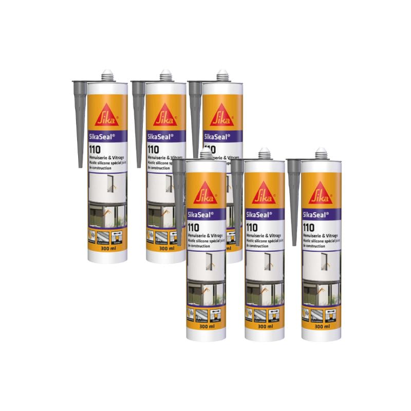 Lot de 6 mastics silicone SIKA SikaSeal 110 Menuiserie & Vitrage - Gris - 300ml
