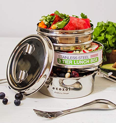 Ecozoi Leak Proof Stainless Steel Bento Box, 3-Tier Stackable Lunch Box With Bonus Spork, Spoon And Fork, Eco Friendly Tiffin Lunch Box, Plastic Free Bpa Free Lunch Container (42 Oz) #TOP1