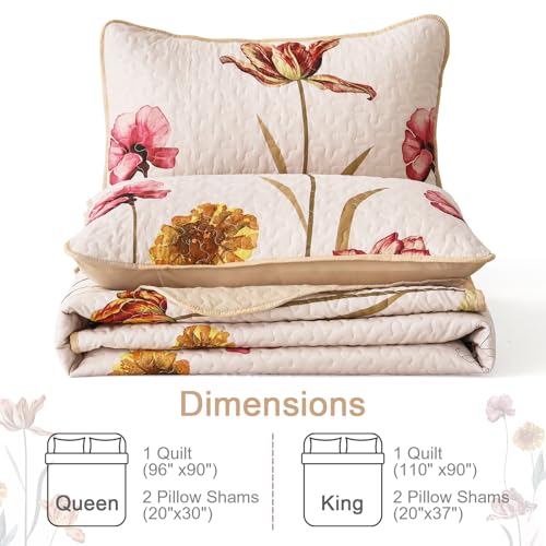 Edredón floral King de WONGS BEDDING, juego beige de 3 piezas de microfibra ligera para todo el año 8