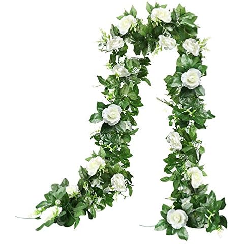THE BLOOM TIMES 2 Pcs 15.6FT Artificial Rose Vine Silk Flower Garland Decoration Fake Hanging Plants Floral Garland for Home Wedding Arch Ceremony Wall Indoor Outdoor Decor (White) Cover
