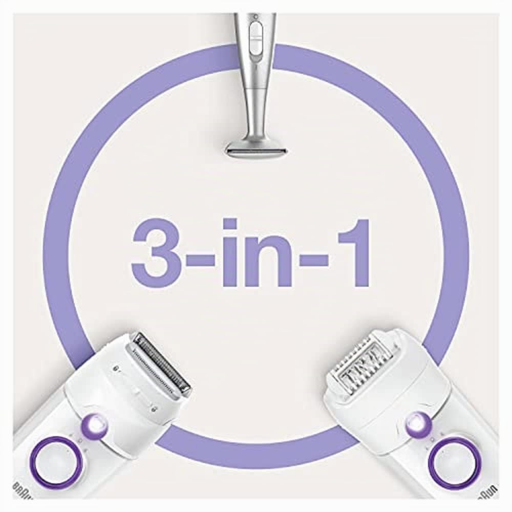 Braun Silk-épil 5-825 Power, elektrischer Epilierer für Damen, sanfte Haarentfernung, ununterbrochene Energie mit Kabel, Raserkopf und Trimmkappe, Bikinizone, Weiß/Violett