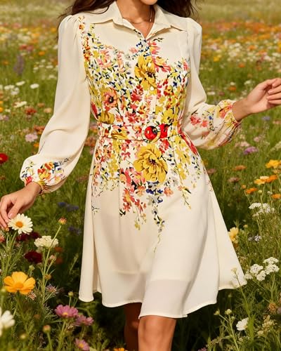 Image of Women Long Sleeve Spring Button Down A-Line Floral Print Summer Cocktail Shirt Dresses with Belt