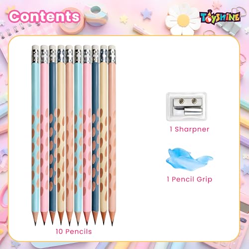 Image of Toyshine HB Pencil Set with Erasers on Top | Pack of 10 Round Hole Groove Grip Pencils with Sharpene & Pencil Cap | Comfortable Writing School Stationery for Kids & Students - B