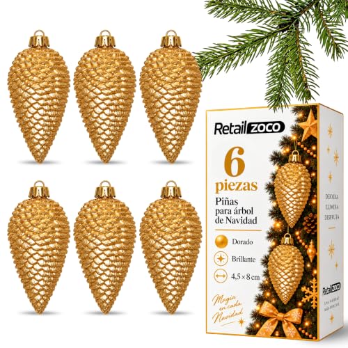 Piñas de Navidad, Adornos Arbol Navidad, 6 Piezas, Dorado