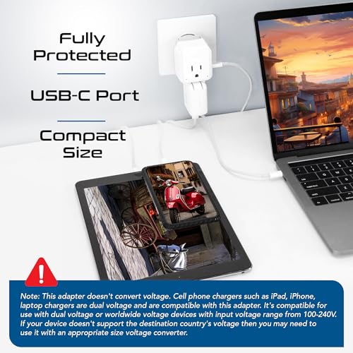 Image of Ceptics European Plug Adapter, Safe USB-C 30W PD & QC 3.0-2 USA Socket - Compact & Powerful - Use in Greece, Italy, Switzerland, Turkey, Portugal - Includes Type C Swadapt Attachment