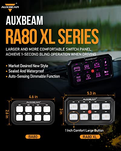 Auxbeam Rgb Switch Panel 5" Large Panel Ra80 Xl 8 Gang Auxiliary Switch, Toggle Momentary Pulsed Multifunction Switch For Jeep Suv Truck Car Marine Camper Van, Dc 12-24V Waterproof W/Extension Wire #TOP1
