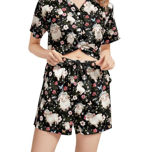 Image of Silk Satin Pajama Set for Women Summer Lounge Pjs Sets 2 Piece Suit Ladies Button Down Tops And Shorts Sleepwear