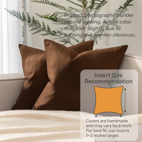 Image of JUSPURBET 26x26 Decorative Velvet Throw Pillow Covers Cases Set of 2,Brown | Cozy Soft Cushion Covers with Invisible Zipper for Couch Sofa Bed Living Room Bedroom Home Decor
