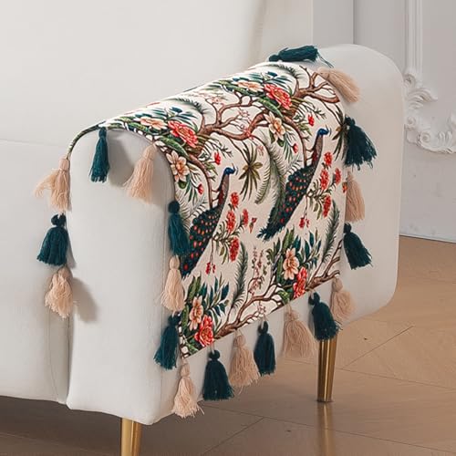 Image of HOKIPO Premium Holland Velvet Sofa Armrest Cover | Printed Design Arm Cover with Tassels | 'Whispers of Nature' (1 Pair) Multicolor Tropical Peacock (IN-1115-D1*2SC)