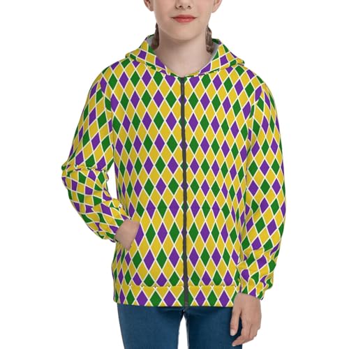 Mardi Gras Purple Yellow Plaid Kid Hoodies Boys Zip Up Sweatshirts Girls Pullover with Pocket3