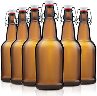 Paksh Novelty Glass Swing Top Beer Bottles - 6 Pack (474ml) Grolsch Bottles with Flip Top Airtight Lid, for Carbonated Drinks, Kombucha, 2nd Fermentation, Water Kefir, Brewing Bottle. (Amber)