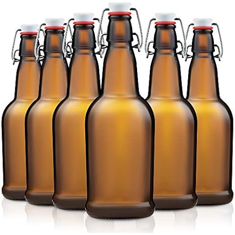 Paksh Novelty Glass Swing Top Beer Bottles - 6 Pack (474ml) Grolsch Bottles with Flip Top Airtight Lid, for Carbonated Drinks, Kombucha, 2nd Fermentation, Water Kefir, Brewing Bottle. (Amber) Cover
