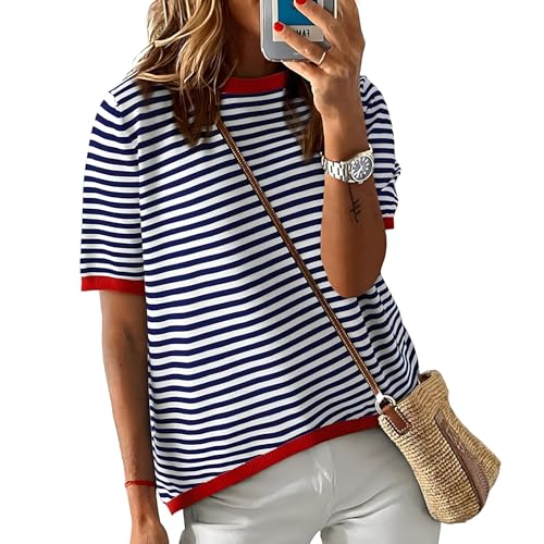 Womens Short Sleeve Striped Sweater Crew Neck Knitted Color Block High Low Pullover Sweater Tops