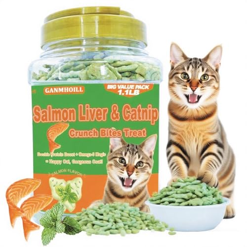 GANMHOILL 1.1 lb/500g Cat Grass Treats for Indoor Cats - 17.6 oz Natural Salmon & Catnip Flavor, Healthy Snacks for All Life Stages, Crunchy Training Biscuits with Dental Care & Hairball Control