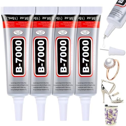 B7000 Glue Clear for Rhinestones, 4pcs 15mL Strong Adhesive B-7000 Jewelry Bead Gem Glue with Precision Tip, Quick Dry Bedazzling Adhesive for Jewelry Making Clothe Fabric Shoes DIY Crafts Nail Art