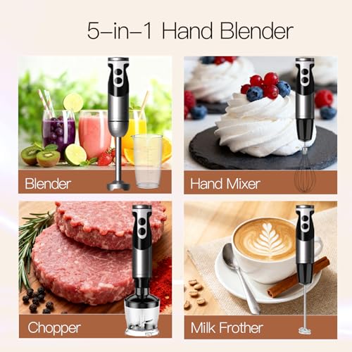Image of MegaWise 5-in-1 Hand Blender, Powerful Immersion Stick Blender with Titanium Reinforced Blades, 12-Speed Control, Includes Chopper, Beaker, Whisk & Frother for Smoothies & Baby Food