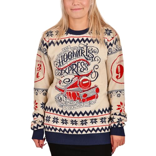 Elbenwald Harry Potter Strickpullover mit Hogwarts Express Motiv für Herren Damen Unisex Baumwolle beige - M
