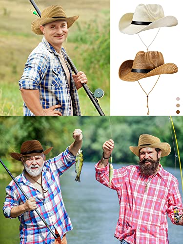 12 Pcs Summer Straw Cowboy Cowgirl Hat For Women Men Western Straw Hat Bulk Wide Brim Floppy Uv Protection Hat With Wind Lanyard Costume Accessories For Outdoor Beach Fishing 4 Color #TOP5