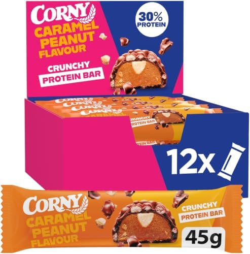 Corny Protein Crunchy Peanut Caramel | 30% Protein | 12 x 45 g | Knusprige Eiweißriegel | Proteinriegel | Protein aus Milch & Soja | Für Sport, Training, Freizeit & unterwegs | Vor