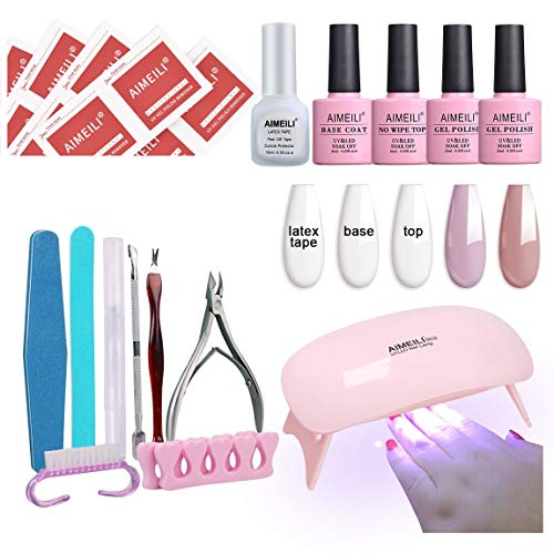 AIMEILI Gel Nail Polish Starter kit, Mini UV LED Lamp, Base and No Wipe Top Coat, 2 Color Gel, Latex Tape, Nail Art Manicure Tools Set Portable Travel Bag