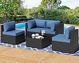 Shintenchi 5 Pieces Outdoor Patio Sectional Sofa Couch, PE Wicker Furniture Sets, Patio Conversation Sets with Washable Cushions Glass Coffee Table for Garden, Poolside, Backyard, Aegean Blue