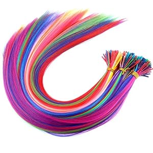 Jmzulnivst 20inch 100s/lot Rainbow Womens Synthetic Fiber I Tip Feather Hair Extensions Colored Hair for Women Kids Gift Cosplay Dress Up Party Highlights With Tools