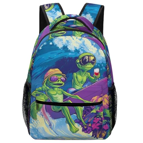 Sea Beach Surfing Aliens Funny Backpack Casual Daypack Lightweight Shoulders Bag for Men Women Cute Print