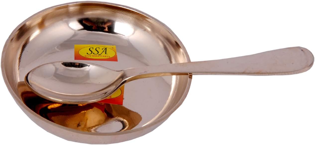 Shiv Shakti Arts Pure Bronze Kansa Bowl Katori Pudding Plate with Spoon for Serving Food, Tableware(Kansi, Gold - Volume-50 ML) - 1 Piece