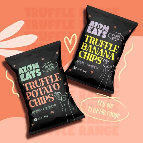 Image of Atom Eats | Truffle Banana Chips & Truffle Potato Chips Combo - (Pack of 4) 40g Each | Black Truffle & Cheese Flavor | Crunchy Gourmet Snacks for Parties, Drinks, Tea & Coffee | Imported Quality