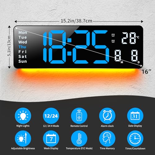 Horloge murale numérique LED bleu clair avec pendules murales télécommande - 3