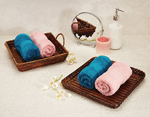 Image of Amazon Brand - Solimo 100% Cotton 12 Piece Face Towel Set, 500 GSM (White) 100% Cotton 4 Piece Hand Towel Set, 500 GSM (Turquoise Blue and Baby Pink)