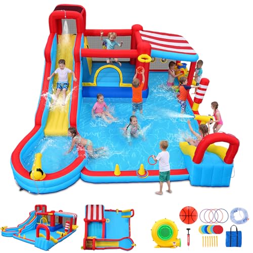 Aufblasbare Wasserrutsche 15‑in‑1 Hüpfburg Wasserpark mit Langer Rutsche & großem Pool, Snack‑Stand mit Sonnendach, Mini‑Rutsche, Sprühnebel & Wasserkanonen für Kinder, Garten Outdoor Party Geschenk