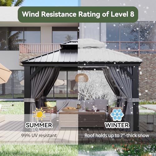 Image of Aoxun 10' X 12' Hardtop Gazebo with Drainage System, Aluminum Outdoor Gazebo with Galvanized Steel Double Roof, Patio Permanent Metal Pavilion with Netting, for Garden, Deck, Grey
