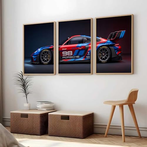 Image of HOMESY Sports Car Framed Posters Gift Items for Boys Room | Wall Decoration for Bedroom Living Room Office Gaming Room Decor | Sports GT3RS Car Poster with Frame for Wall Decor Set Of 3 Size (10x13 inch, BROWN)