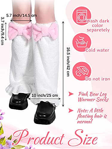 Kawaii Pink Bow Leg Warmer Y2k Furry Bow Leg Warmers Lolita over The Knee Socks for Women Girls (White and Pink)2