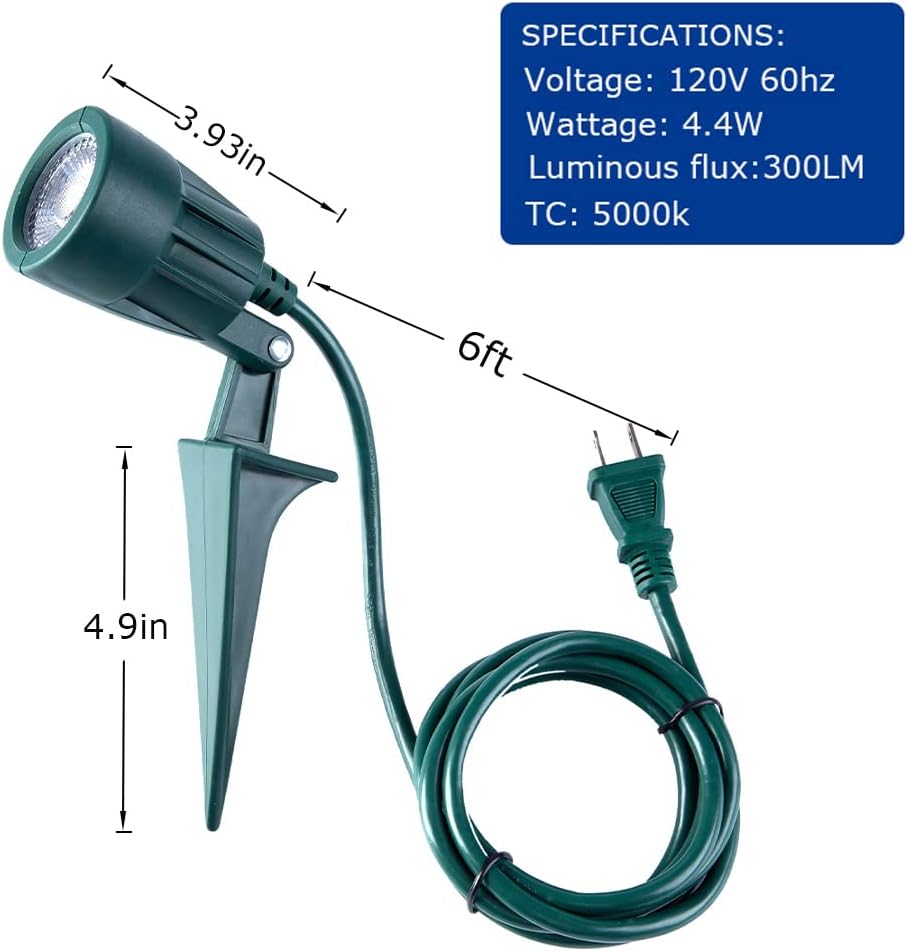Outdoor Spotlight Plug in, Weather Resistant, Heavy Duty Stake, Landscape Light for Yard, Tree, Flag, Holiday Decor, 6FT Cord, 120V 300LM 5000K, Green, ETL Listed, 2Pack