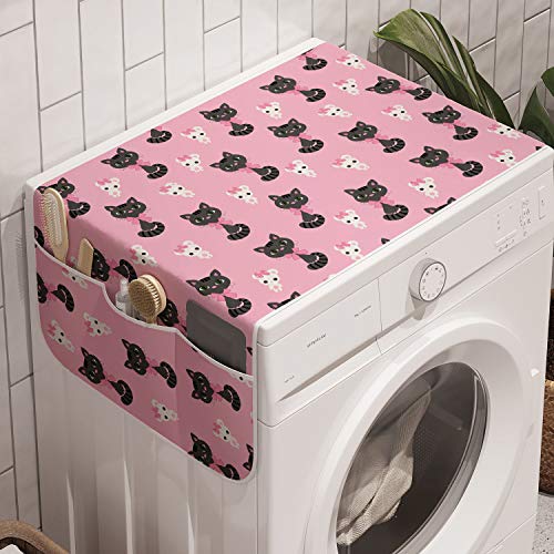 Lunarable Cat and Mouse Washing Machine Organizer, Repeated Pattern of Mice and Big Eyed Cats with Pink Colored Ribbon, Anti-slip Fabric Cover for Washers and...
