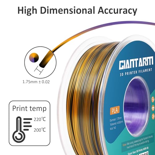Image of GIANTARM Silk PLA 3D Printer Filament, Tri-Color 3D Printing PLA Filament 1.75mm, Shiny Silk PLA, Dimensional Accuracy + /- 0.03 mm, 1kg /2.2lbs (Purple+Gold+Black)