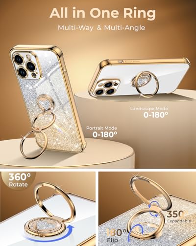 Image of XYZ for iPhone 13 Pro Back Cover Case with Stand, Phone Case with Double Ring Kickstand, Women Girls Bling Luxury Glitter Clear Phone Case Cover Heart for iPhone 13 Pro, Gold