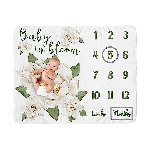 Image of Sweet Jojo Designs Sage Green Boho Flower Floral Girl Baby Milestone Blanket Newborn Monthly First Year Photo Growth Infant Memory Gift Set Shabby Chic Bohemian Ivory Wildflower Elegant Magnolia