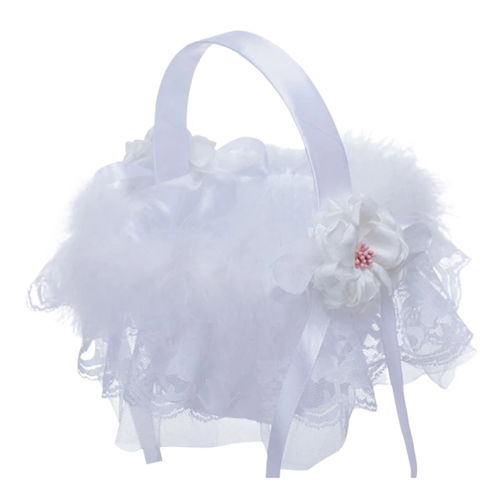 Flower Girl Bow Basket White Lace Hand Held Bowknot