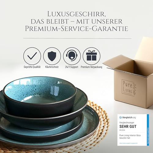 Steingut Geschirrset 12 Pers. Ibiza 48-tlg Hochwertiges Mediterranes Steingut Geschirr Set - Schüssel- und Teller Set - Tafelservice 12 Personen Geschirrsets Pure Living in Petrol