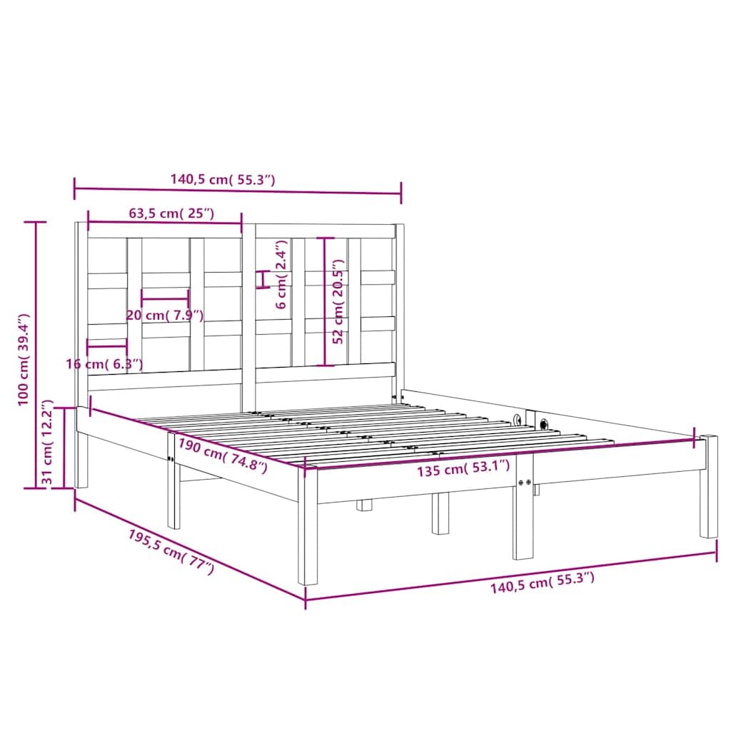 Lite sosnowe drewno Klasyczny zagłówek Standard 135x190 cm Brąz | Rama łóżka lite drewno sosnowe 135x190 cm podwójna z zagłówkiem solidna konstrukcja
