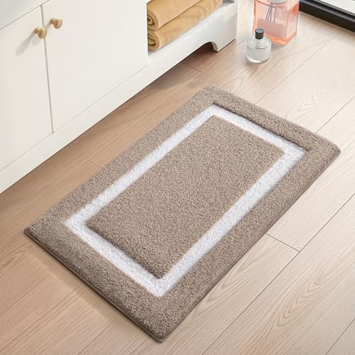 Image of Color&Geometry Mini Bathroom Rugs 16x24, Extra Soft Absorbent Microfiber Bath Rug, Non-Slip Bathroom mat, Washable Plush Bath Mats for Bathroom, Shower, Bathtub, Laundry, Khaki White