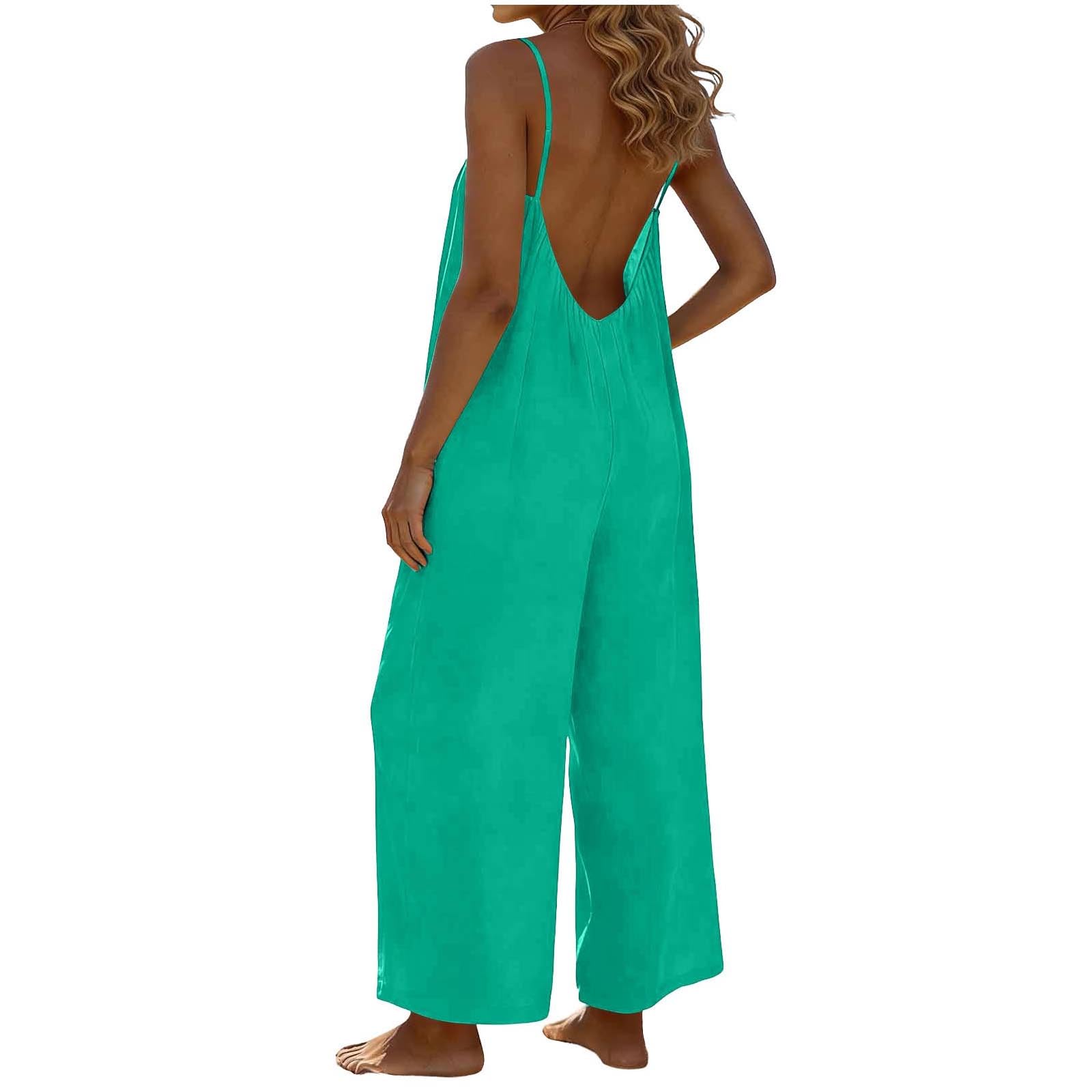 RLEHJN Jumpsuit Damen Sommer,Ärmellos Overall Lang Casual Hosenanzug Sexy V-Ausschnitt Spaghettiträger Romper Loose Fit Playsuit Elegant Einteiler Weites Bein Latzhose Freizeithose mit Taschen