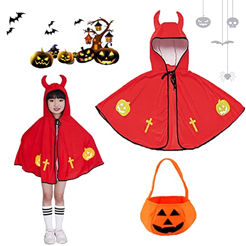 AOMAIGAD Cape de Diable d'halloween, Costume d'Halloween pour Enfant, Cape de Sorcier Enfant,Cape d'Halloween avec Sac de Bonbons Citrouille,déguisement cosplay (rouge) Cover