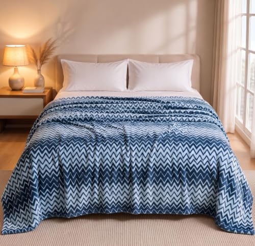 Image of SANMARINO Premium 300 GSM Double Bed Flannel Blanket | Ultra Soft Zig Zag Plush Blanket | All Season Lightweight & Cozy | AC Blanket for Bed, Sofa, Couch, Travel & Camping | 220x230 cm,Blue