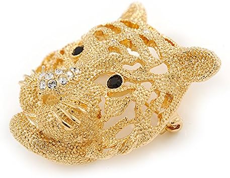 Statement Gold Plated, Crystal, Textured Tiger Head Brooch - 40mm L - Image 4